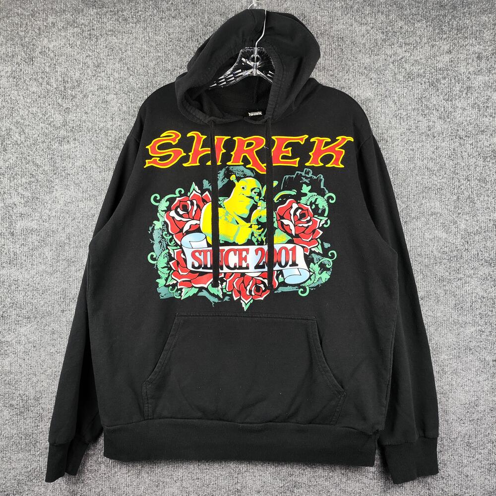 Shrek Hoodie Mens Large Black Since 2001 Roses Graphic Pullover Sweatshirt Movie